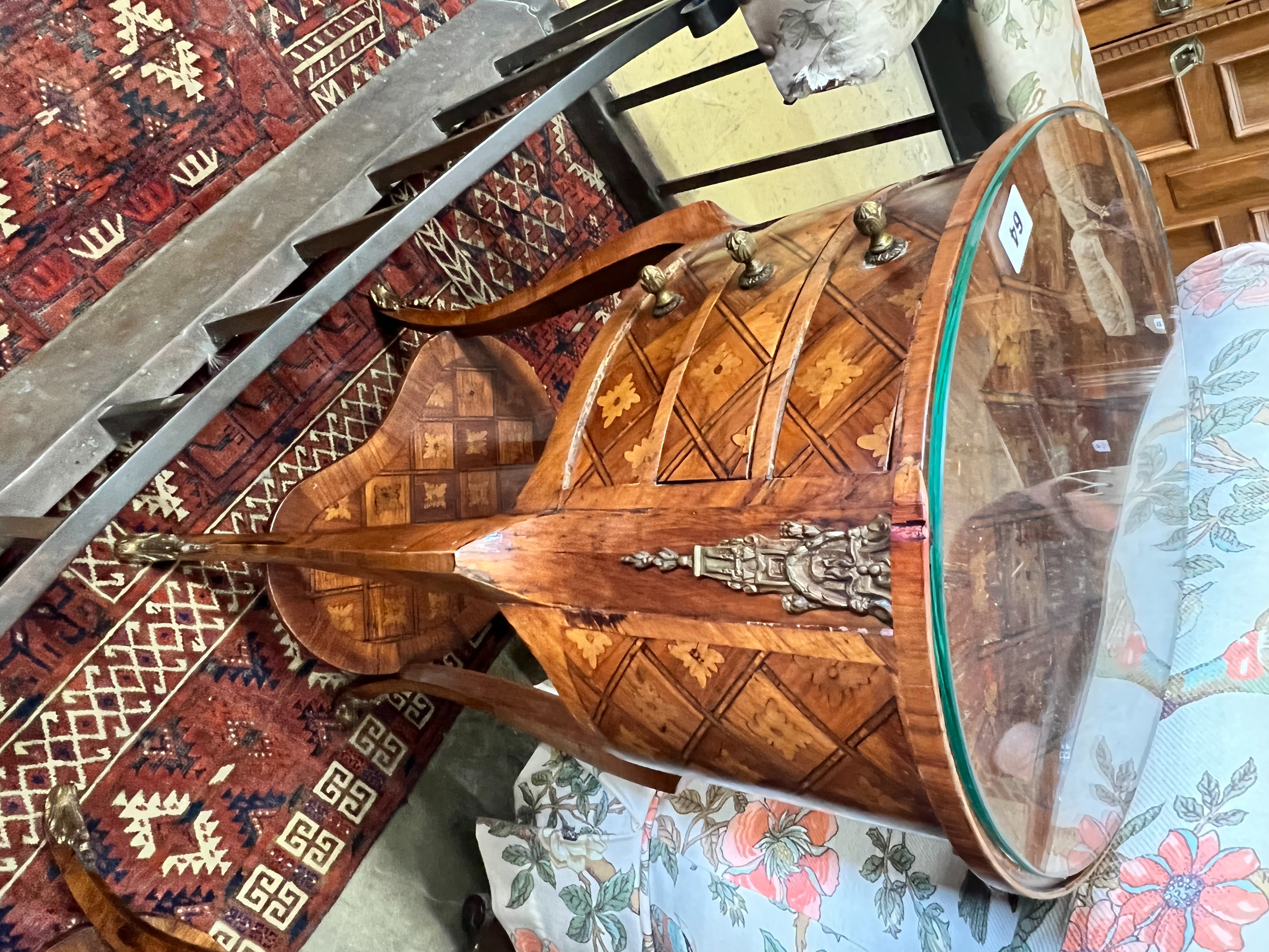 A pair of French transitional style oval parquetry inlaid bedside cupboards, kidney shaped under tiers, width 40cm, depth 30cm, height 69cm